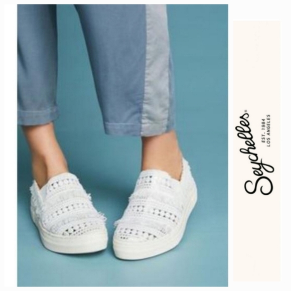 Darling Fringed Seychelles x Anthro White Slip-On Sneaker - Picture 1 of 7